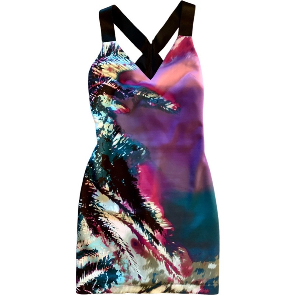 Bebe Black & Purple Print Mini Dress with Cross-over Straps